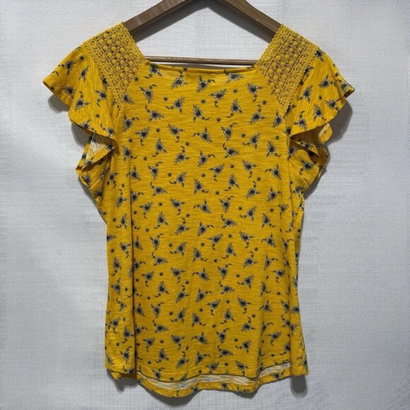 Liz Claiborne Blouse Women's Sm Yellow Short Cap Sleeve Flower Lace Square Neck - Picture 2 of 8